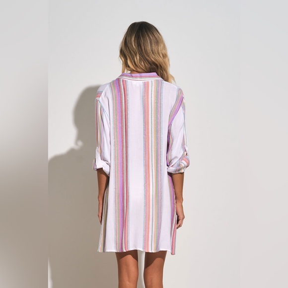 NWT Elan White Multi Stripe Button Up Boyfriend Top cover Up Medium - Picture 3 of 13